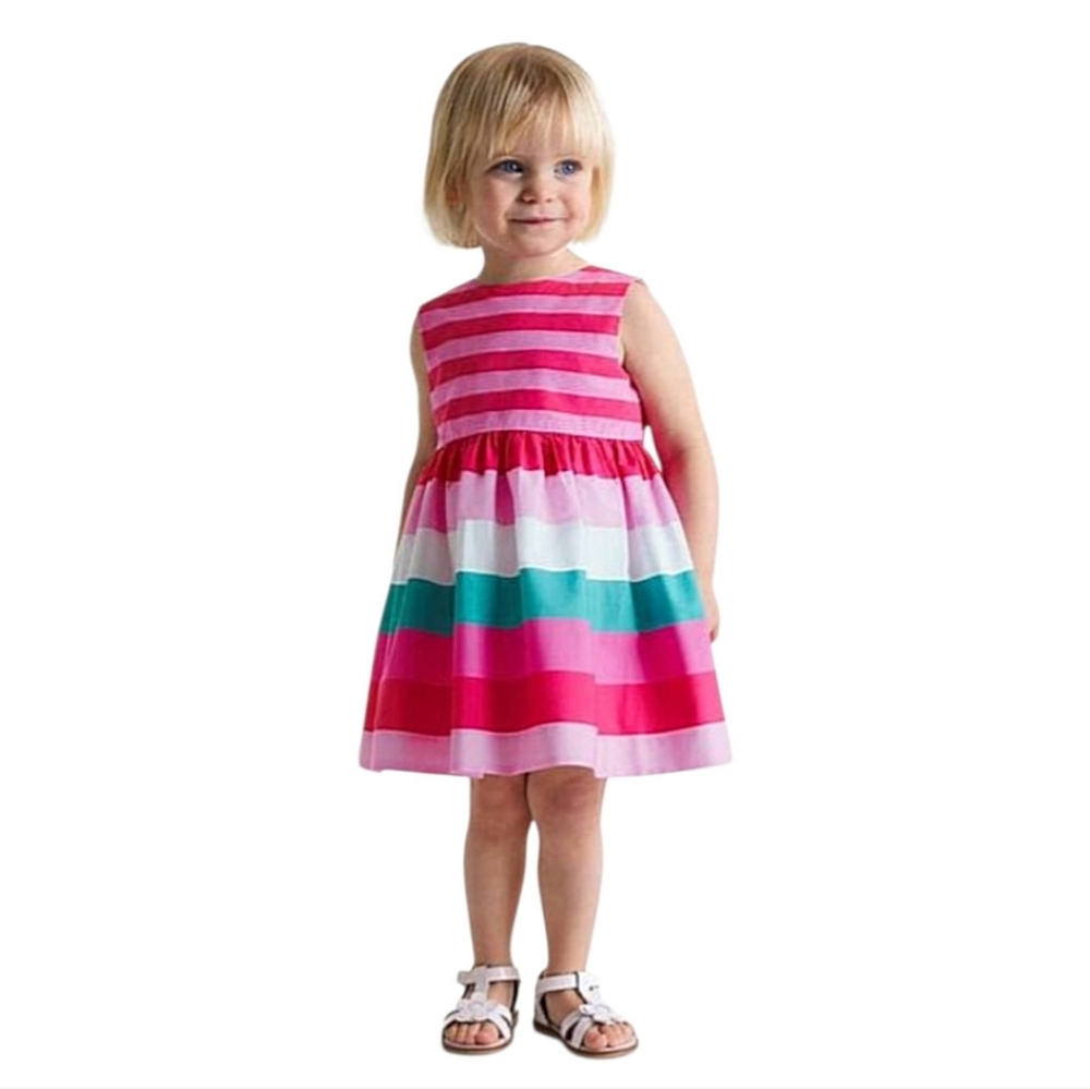 Jacadi Paris Classic Preppy Pink White Blue Striped Lined Cotton Dress Size 6M
